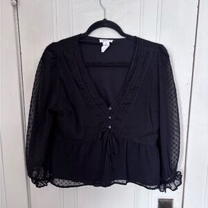 Japna Black Textured Blouse with Sheer Sleeves